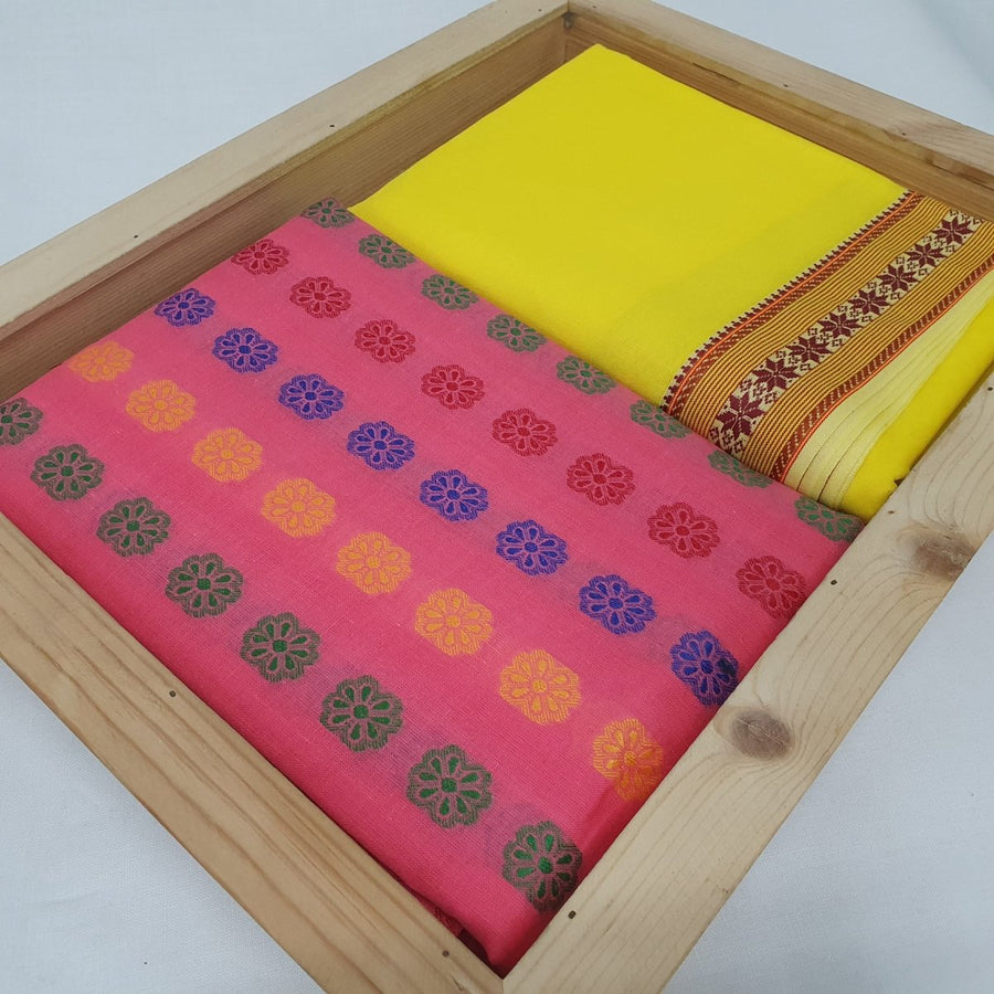 Dhoti Kurta - Cotton Multicolour Pink Kurta & Yellow Dhoti - Regular - Dakshina Store