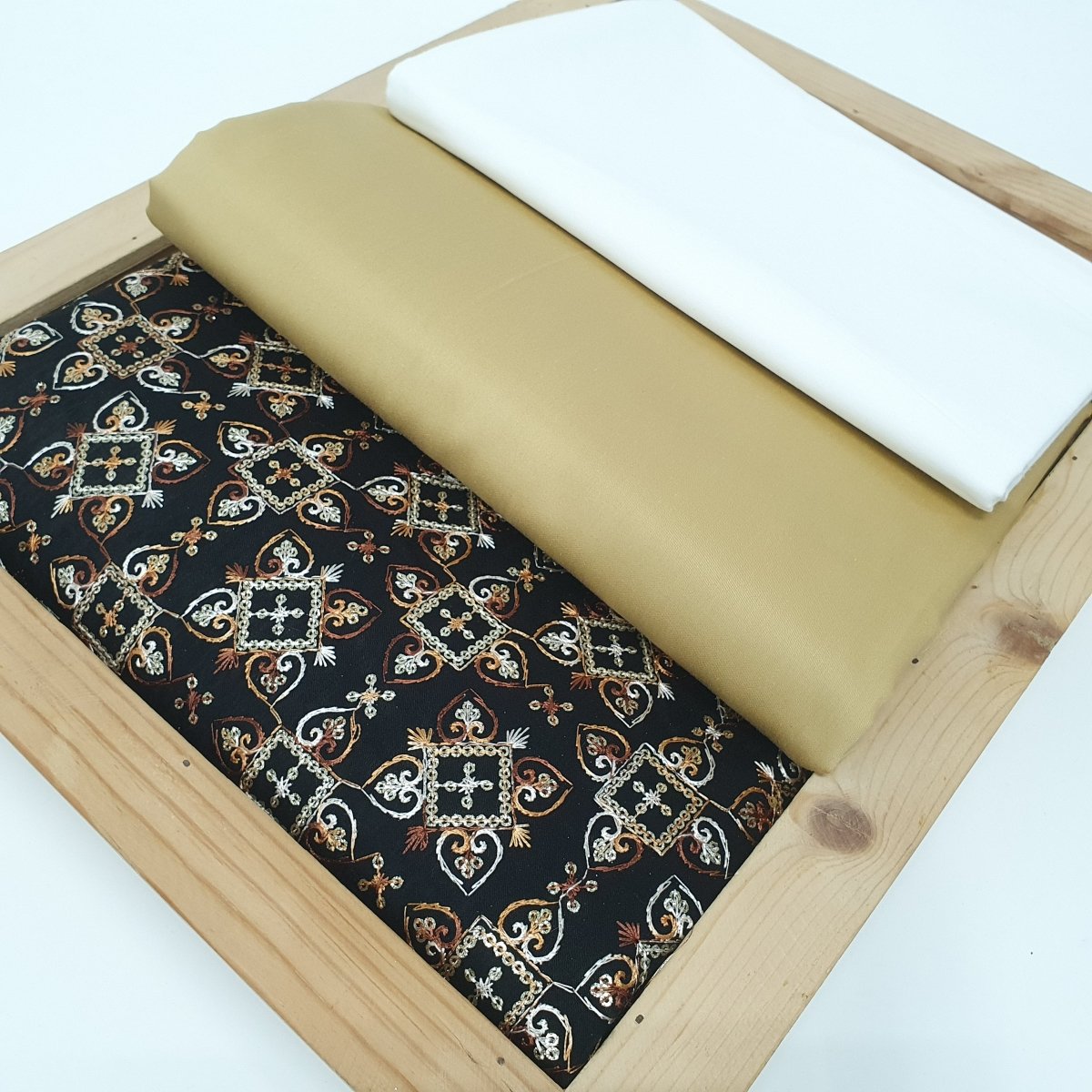 Unstitched Black Embroidery Bundi Gold Kurta Set