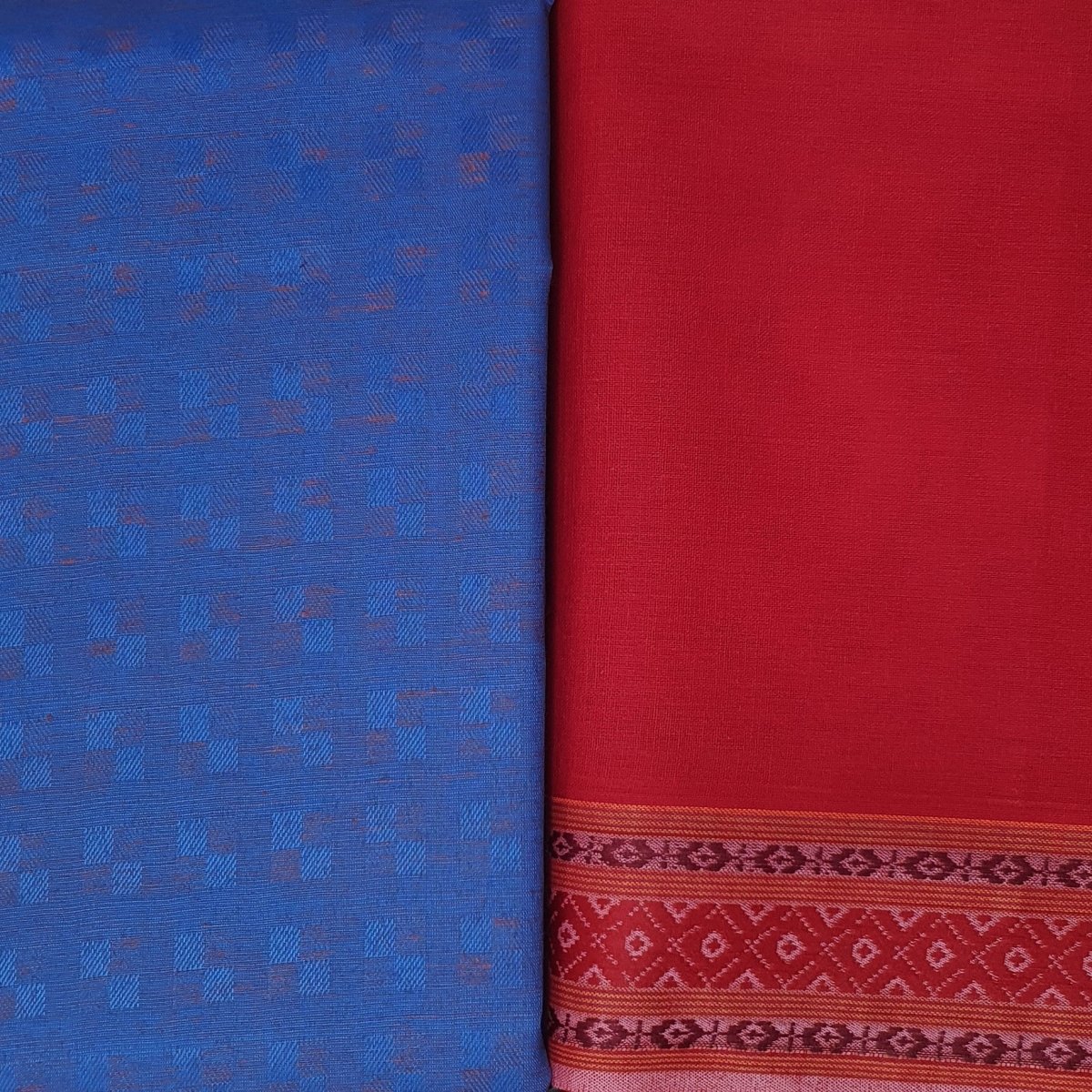 Dhoti Kurta - Red Dhoti & Kurta (Festive Blue Checks) - Unstitched - Dakshina Store